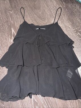 Zara Black Tiered Ruffle Spaghetti Strap Tank Top
